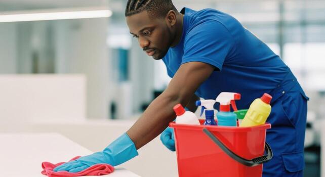 Cleaner wiping down an office desk